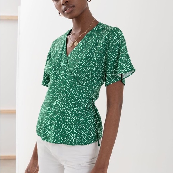 & Other Stories Green White Polka Dot Printed Short Sleeve Wrap Blouse - Picture 2 of 2